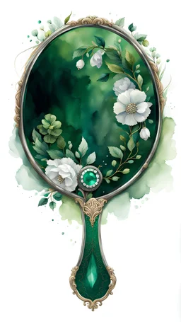 watercolor drawing of a dark green hand mirror with white lace and emeralds and flowers, on a white background, Trending on Artstation, {creative commons}, fanart, AIart, {Woolitize}, by Charlie Bowater, Illustration, Color Grading, Filmic, Nikon D750, Brenizer Method, Side-View, Perspective, Depth of Field, Field of View, F/2.8, Lens Flare, Tonal Colors, 8K, Full-HD, ProPhoto RGB, Perfectionism, Rim Lighting, Natural Lighting, Soft Lighting, Accent Lighting, Diffraction Grading, With Imperfecti