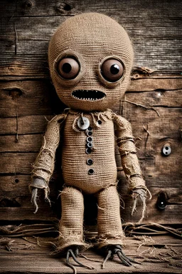 creepy cute burlap doll with scared face, its body is dirty, holey, cracked old burlap, its big head is made of burlap, its two eyes are made of coat buttons, there are stitches on its body , it sits in the corner of a dilapidated, dirty room in a dilapidated house, a spider crawls towards him on the floor, low lighting, detailed, thriller, eerily impressive image