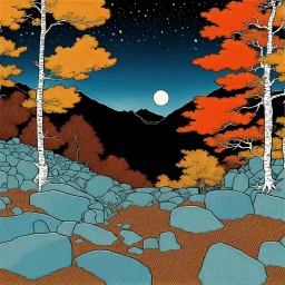Autumn colors, peaceful, Egon Schiele, Max Ernst, Henri Rousseau, Japanese silvery blue rust gradient, night sky filled with galaxies and stars, rocks, trees, flowers, one-line drawing, sharp focus, 8k, deep 3d field, intricate, ornate