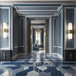 luxury hall ,tiled blue and gray large floor,