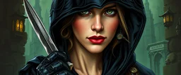 pen outline and realistic airbrush, upper body portrait of clever crow vintage cloaked assassin thief quickling juggler weird pretty woman with dark patterned Damascus steel sacrificial dagger in then elven magical green city of Forgotten Realms, myth drannor