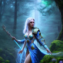 crazy detail, magical forest background, waterfall, blue but cloudy skies,the upper body of grand sleazy lady wearing soft robes and gloves,dark stone statue, lively eyes,hidden hands, framed by foliage, runes on dices, warm light, holding up scroll