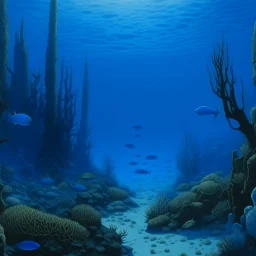 A blue underwater reef with poisonous fish painted by Caspar David Friedrich