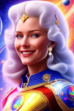 cosmic woman smile, admiral from the future, one fine whole face, crystalline skin, expressive blue eyes,rainbow, smiling lips, very nice smile, costume pleiadian, Beautiful tall woman pleiadian Galactic commander, ship, perfect datailed golden galactic suit, high rank, long hair, hand whit five perfect detailed finger, amazing big blue eyes, smilling mouth, high drfinition lips, cosmic happiness, bright colors, blue, pink, gold, jewels, realist, high commander