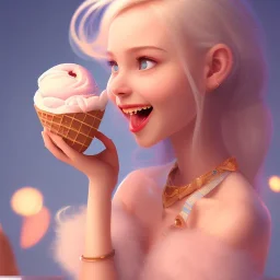 cute, adorable, smiling girl eating ice cream, candies flying all around her, Pixar, disnet, cinema lighting, gaming, 8k, magic, love --q 1 --v 4 mdjrny-v4