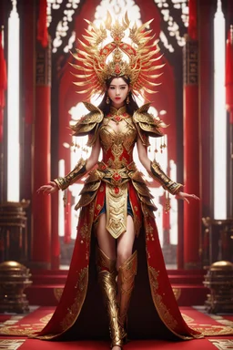 Realistic photography,front_view, Beautiful Queen fairy super model Chinese Woman, brown hair,dressing luxury party gown,looking at viewer,traditional dress ornaments mechanical armor china traditional, intricate armor, delicate golden shine bright, black metalic parts, detailed part, jewelry diamonds,dynamic pose,abstrac background, dynamic lighting, red hour, full body portrait