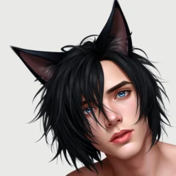 An androgynous man with messy black hair, black cat ears on his head, blue eyes.