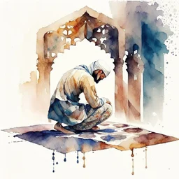 A man is performing sujood, background of islamic pattern, watercolour painting