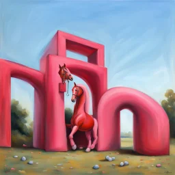 Big pink toy horse.19th painting