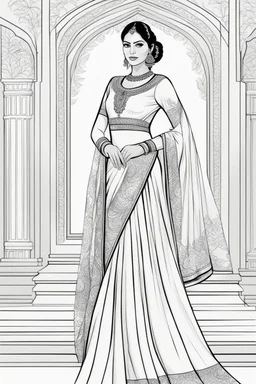 Coloring page for adults of a elegant fashion model woman wearing hindi dress, dynamic poses, full body portrait, thick and clean lines, clean details, no-color, no-turban, , non background, non color, non shading, no-grayscale, dynamic poses, full body portrait, thick and clean lines, clean details, no-color, no-turban, , non background, non color, non shading, no-grayscale