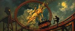 master oil painting by Rembrandt, roller coaster with some bad ass power cyper punk people experiencing gravity at its worst