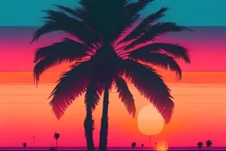 a palm tree during a sunset, lofi colors, lofi vibes, cool colors
