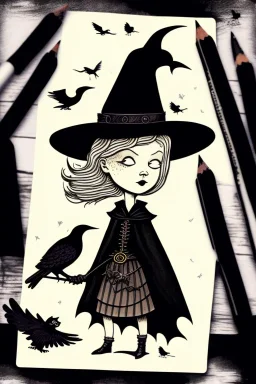 Witch, playing with crows, black cat, perfect iris, ink and pencil, style Tintin