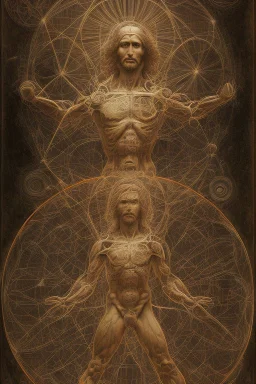 Human – Language – Computer. Leonardo da Vinci's Vitruvian man against the background of the matrix and the crumbling ones and zeroes. close-up of the surrounding area. Solid science fiction, high resolution