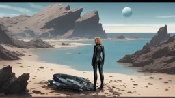 A woman in a catsuit standing on a beach of an alien world, in a rocky crystal-covered landscape with a crashed spaceship in the distance