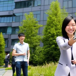 A short haired, Japanese female MBA student from MIT Sloan taking a selfie in front of Building 92 at Microsoft in Redmond, Washington