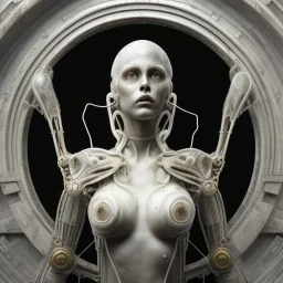 a greek marmor statue of a woman, steam punk, hr giger, scary, horror, realistic, made in octane, cinematic, movie, CGI, ultra-realistic, extremely detailed octane rendering, 8K, VRAY Super Real ar 2:3, dof photorealistic futuristic 50mm lens hard lighting dark gray tintype photograph, realistic lighting, sephia colors