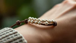 macro photo of a bracelet made of brown leather and tiny pearls on a woman's wrist, detailed, sharp contrasts, realistic, cinematic, blur background