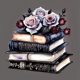 watercolor drawing gothic stack of books, black lace, pearls, black roses, on a white background, Trending on Artstation ::{creative commons}:: Illustration :: Color Grading:: Filmic, Nikon D750, Brenizer Method, Perspective, Depth of Field, F/2.8, Lens Flare, Tonal Colors, 8K, Full-HD, ProPhoto RGB, Perfectionism, Rim Lighting, Natural Lighting, Soft Lig