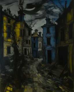 A bluish dark gray chaotic stronghold made out of iron painted by Vincent van Gogh