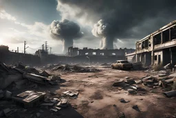 a wasteland after a nuclear apocalypse. judgement day. ruins. corpses. Hyperrealism, breathtaking, ultra realistic, unreal engine, ultra detailed,, cinematic lighting, highly detailed, stunning environment