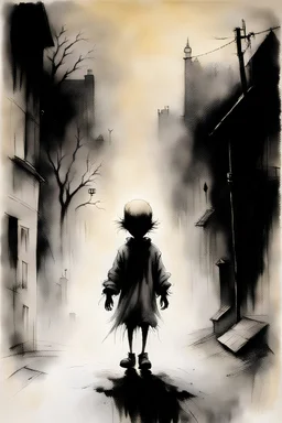 The nightmare kid with shapeless head walks in the streets, illustration by Stephen Gammell
