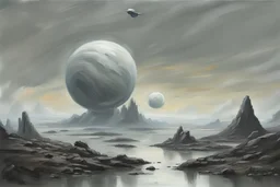 Planet in the sky, grey sky, rocks, sci-fi, impressionism paintings