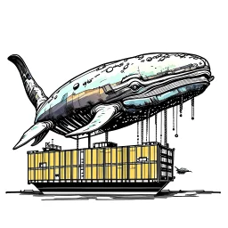 A whale carrying shipping containers on its back, and an engine with a propeller carrying the whale through the water. Digital Art, Digital Drawing