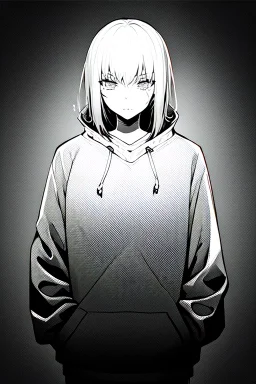 thoughtful girl in a loose sweatshirt, line arts, greyscale, deathnote style