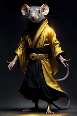 boots , the yoga rat man, big black iris eyes with yellow glints, ou’re looking at someone who doesn’t just walk into shadows—they belong to them. The black robes cling like a second skin, the belt tied tight with gold thread that catches the light only when he moves. His face is wrapped, but not hidden—his eyes glow like embers, red and steady, as if he’s already seen what waits inside the cave. The tail curls behind him, not in fear, but in readiness. He doesn’t need a torch, by Rembrandt