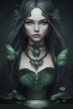 Dark green hair, elven crown emerald Water lilies long hair lotus night Fairy princess rapunzel hair queen crown dragonflies fireflies elven tiara flowers fairy wings gothic dark green