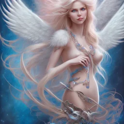 ange du nord en vol, visage souriant, grands yeux bleus , cheveux long blond, bleu et rose