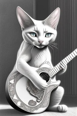 One single mature Siam cat, friendly, playing guitar, vienna, sunny day, perfect iris, model style, hyper realistic, extremely accurate, delicate, extremely detailed, Graphic novel style, wide-angle, open aperture, superfine pencil