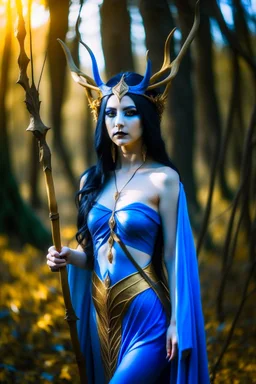 A picture of a beautiful blue faced Korean goddess with skin painted blue, blue body, blue torso, wild black hair, stag antlers, elven ears, golden skirt, holding a staff in a sunny forrest