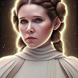 star wars death star background, complete and photo realistic detailed head to waist stunning photo realistic portrait of young carrie fisher as Princess Leia in star wars with photo realistic hairstyle by Mandy Jurgens and mucha and Richard Schmid and chuck close and chie yoshii, extraordinary and detailed ceremony dress of star wars,brown eyes