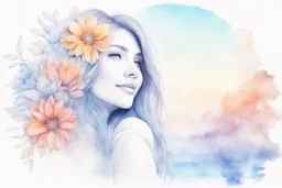 A Smiley gorgeous woman stunning drawn on paper by blue dry ink pen sketch, colored flowers beside paper. pastel colors double exposure: waterfall, misty morning, reflection, sunrise