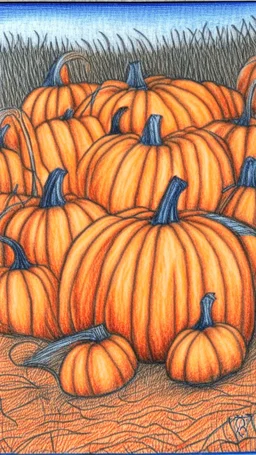 pencil drawing with colored pencils of a pumpkin patch