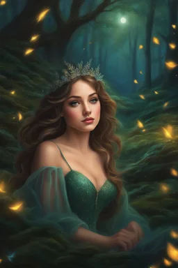 Painting of a dream girl in a fantasy forest, glitters in the forest background, haunted forest, digital painting, inspired by thomas kinkade, fantasy painting, dancing girl, song, fantasy art, fantasy girl, beautiful girl, beautiful face, young girl, beautiful painting, forest In the background, dark night, glitter in the background, fantasy forest, high quality, 4k