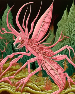 A pink wind elemental locust designed in Heidrun manuscripts painted by MC Escher