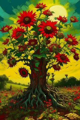 A sunflower tree surrounded with red poppies growing out of a zombie , Bosch painting style