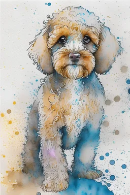 Abstract wet watercolour of a cockapoo, sketchy pencil lines, splashy background, bifurcated circles, detailed,focus on eyes, watercolour paper