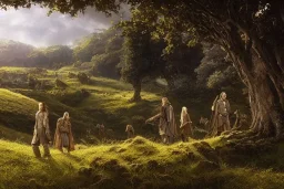 the shire, scenery landscape, lord of the rings, higly-detailed symmetric faces, highly detailed, perfect lighting, perfect composition, 4 k, artgerm, derek zabrocki, greg rutkowski