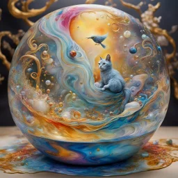 joy cats and harmony bird dreamscape in a tranculent glass bowl placed in a fontaine with smooth swirling water, many bright colorful details, golden lines, Sprinkle alcohol ink effects, Salvador Dali collaboration, flowing composition, pearls en beads, swirling effect