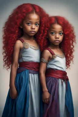 four-year-old twin mulatto sorceress girls, blue eyes, blood red wavy hair