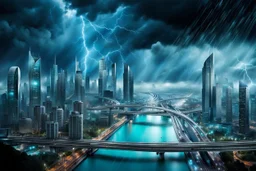 Dreamlike Skyline of Downtown futuristic hightech city in 4050 and a stunning futuristic Bridge During. dark sky, grey and black clouds , storm, dark azur-blue river, cold colors, come storm, rain, high detalied, sci-fi, landscape