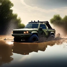 hyperrealistic shot, muddy military pickup truck with guns mounted on back, monotone color palette, sharp focus, puddle reflection, tire water splash, refraction, mist on the horizon, shadowcast, god rays, detailed and intricate, cinematic composition, micro, tilt shift photography