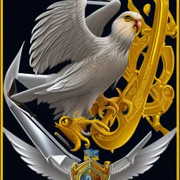 Fantasy setting, coat of arms with a kestrel holding a black anchor in its talons, encircled by a navy blue ring and a yellow half circle shape above it.