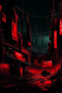 pos-apocalyptic cyberpunk city, a plubicity showing the number 2222, abstract black painting, illuminated red neon, concept art, dark, high contrast, make it as a sticker