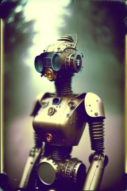 steampunk, vintage analog polaroid of a woman robot, female body, fog, lomography, heavy film grain, rain, color bleed, depth of field, bokeh, retro