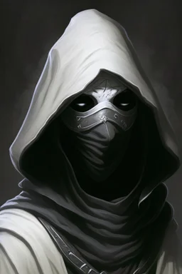 dungeons and dragons man wearing black robes and hood wearing a plain white mask with eyeholes
